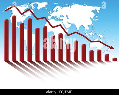 Business diagram of decrease on the background of world map. Stock Vector