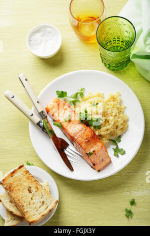 roasted steak salmon and bulgur, food above Stock Photo