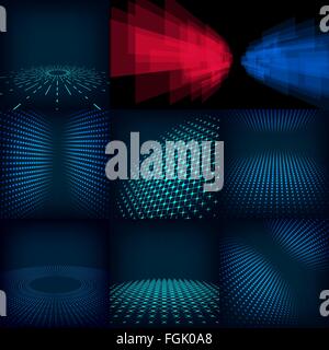 Set of nine abstract blue, red and cyan digital vector background posters. Template made with gradient, circles and dots effect. Stock Vector