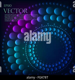 Abstract pattern of blue graduated turquoise shiny dots or circles going from the darkest at the outer edge around a central bla Stock Vector
