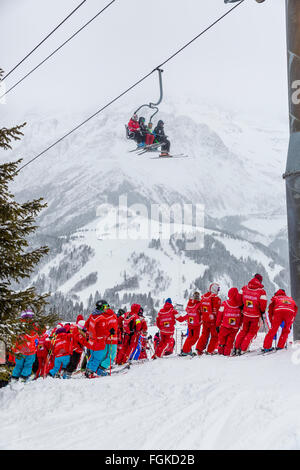 Chamonix, France. 20th February, 2016. A legion of volunteers helped keep the course clear on a snowy day in Chamonix - the Lisseurs were responsible for skiing down the course in between racers to clear it of snow and ruts. The Audi FIS World Cup 9th Men's Downhill took place in Chamonix France with a 'jour blanc' (grey skies and flat light) and some light snow. The podium was - 1- PARIS Dominik (ITA) 1:58.38 2- NYMAN Steven (USA) 1:58.73 3- FEUZ Beat (SUI) 1:58.77 AUDI FIS SKI WORLD CUP 2015/16 Credit:  Genyphyr Novak/Alamy Live News Stock Photo