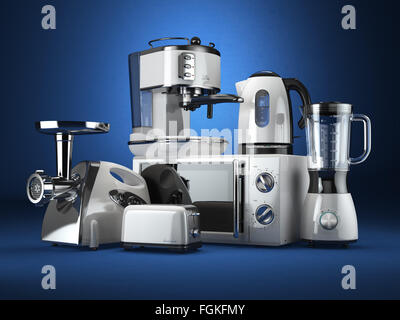 Kitchen appliances. Blender, toaster, coffee machine, meat ginder, microwave oven and kettle. 3d Stock Photo