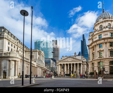 City of London (financial district) from Mansion House St with Bank of England (left) and Royal Exchange (centre), London, UK Stock Photo