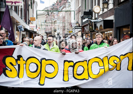 Utrecht, The Netherlands. 20th February. Utrecht Bekent Kleur, has organized a demonstration against racism, xenophobia, Islamophobia, anti semitism, sexism and any other form of discrimination. Lately tensions have been rising up in the Netherlands and in Utrecht. Centers for Asylum seekers have been attacked and Muslims are threatened, spotted on and beated because of their Islamic background. Their goal is an inclusive city, where everyone counts, debates and participates. Credit:  Romy Arroyo Fernandez/Alamy Live News Stock Photo