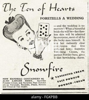 Original vintage advert from 1940s. Advertisement dated 1947 advertising Snowfire cosmetics. Stock Photo