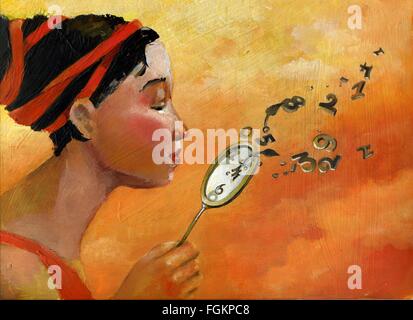 a woman's face in profile blowing away the numbers from a clock as if it were a delicate flower Stock Photo