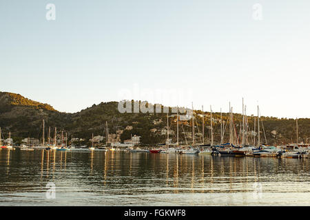 Port de Soller sunset in Majorca at Balearic island of Mallorca Spain ...