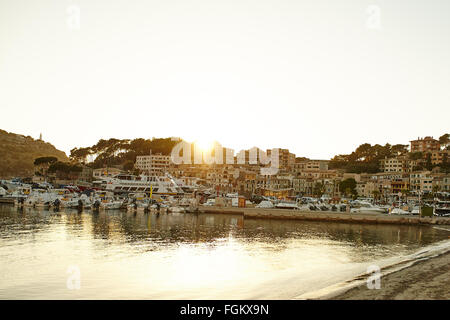 Port de Soller sunset in Majorca at Balearic island of Mallorca Spain ...