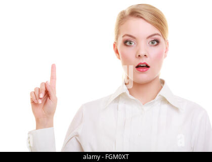 Business woman point finger empty copy space, businesswoman showing side, concept advertisement product push touch screen. Stock Photo