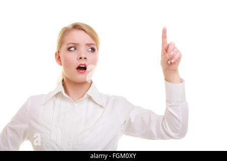 Business woman point finger empty copy space, businesswoman showing side, concept advertisement product push touch screen. Stock Photo
