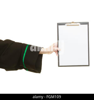 Law court or justice concept. Young woman lawyer attorney wearing classic polish black green gown holding empty blank clipboard Stock Photo