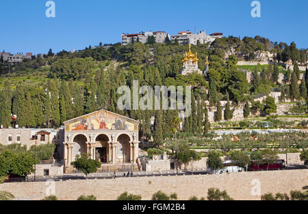 JERUSALEM, ISRAEL - MARCH 3, 2015: The churches - Church of All Nations, Dominus Flevit and The Russian orthodox church Stock Photo