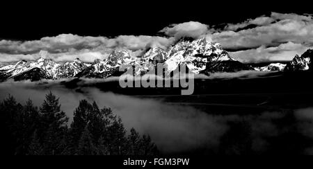 Grand Teton National Park Black and White Panoramic Snake River Overlook Stock Photo