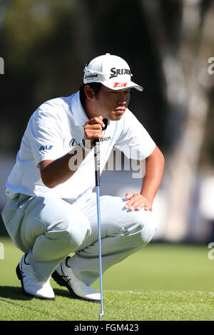 February 19, 2016 Hideki Matsuyama of Japan lines up a putt during the second round of the Northern Trust Open at Riviera Country Club in Pacific Palisades, California. Charles Baus/CSM Stock Photo
