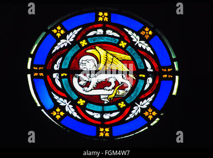 Section of east window depicting a winged lion the emblem of St. mark, St. Magnus Scottish Episcopal Church Lerwick Shetland Stock Photo