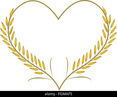 Love Concept, Illustration of Ripe Rice Crop or Cereal Plants Forming in Heart Shape Isolated on White Background. Stock Vector