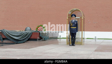 MOSCOW; RUSSIA- JULY 13- Guard at the Eternal Flame Tomb of the Unknown Soldier near the Kremlin wall on July 13; 2015 in Moscow
