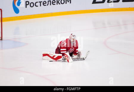 MOSCOW - OCTOBER 17, 2015: Harri Sateri (29), goalkeeper, during hockey game Vityaz vs Barys on Russia KHL championship on October 17, 2015, in Moscow, Russia. Vityaz won 4:3 Stock Photo