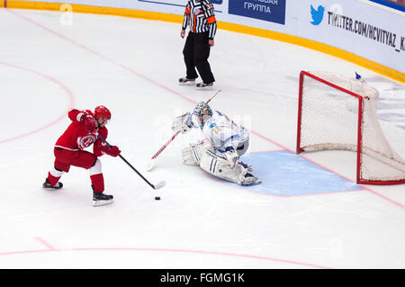 MOSCOW - OCTOBER 17, 2015: D. Shitikov (23) vs A. Ivanov (28) during hockey game Vityaz vs Barys on Russia KHL championship on October 17, 2015, in Moscow, Russia. Vityaz won 4:3 Stock Photo