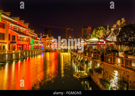 Water Canal Near Nanchang Temple Wuxi Jiangsu Province, China.  Wuxi, one of the oldest cities in China, is a canal city. Stock Photo