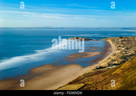 Burry holms Island and Llangennith dunes and beach as seen from Rhossili downs Stock Photo