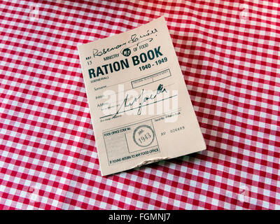 In World War 2 themed Traditional Pie and Mash Shop in Saltburn by the Sea, menu printed on Facsimile WW Ration Book Stock Photo