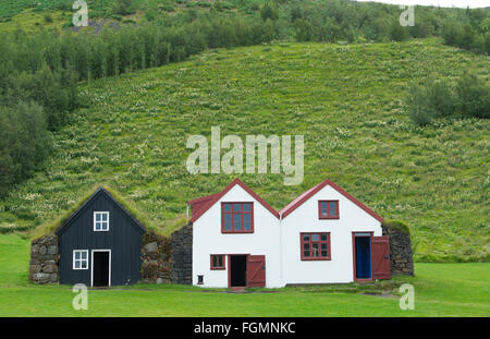 Iceland Skogasafn Turf Houses and church in South Iceland Skogar Museum museum for tourists and old houses Stock Photo