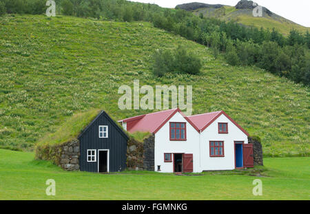 Iceland Skogasafn Turf Houses and church in South Iceland Skogar Museum museum for tourists and old houses Stock Photo