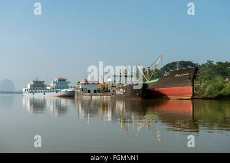 Moored ships on the Salween river, Burma Stock Photo