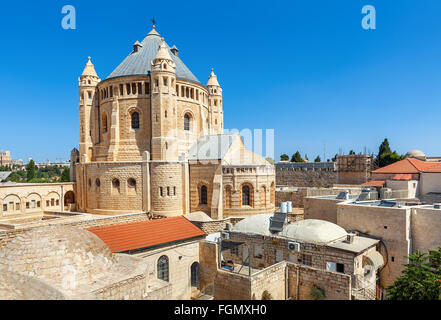 View of Church of Dormition under blue sky in Jerusalem, Israel. Stock Photo