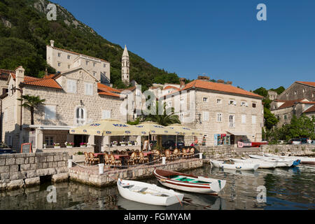 Perast, Kotor, Montenegro.  View of the town on the Bay of Kotor. Stock Photo