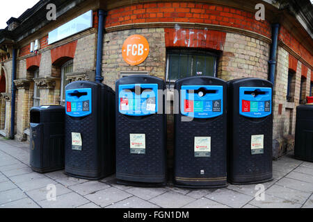 Recycling bins outside Denmark Hill station, Camberwell, London, England Stock Photo