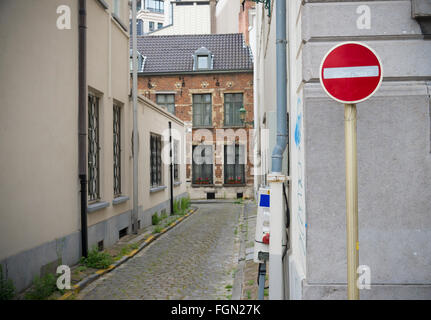 alley in brussels, belgium with no entry roadsign Stock Photo