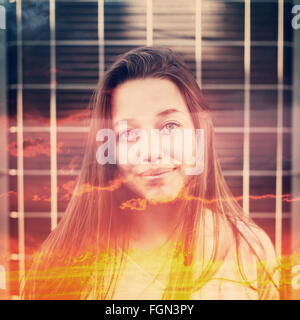 Close Up Portrait of Young Woman with Double Exposure Effect. Combined with Sunset Sky, Toned with Vintage Instagram Colors. Stock Photo