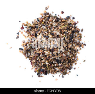 Crushed Peppercorns with different spices and salt isolated on white background Stock Photo