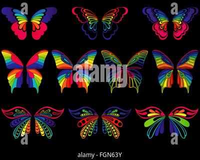 Set of ten motley colourful ornamental wings of butterflies isolated on the black background, vector artwork Stock Vector