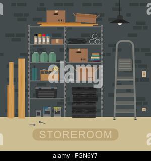 Storeroom interior with brickwall. Stock Vector