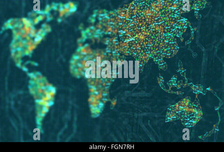 The map of the world represented by illuminated digital connections. 3D image with depth of field on a LED screen. Stock Photo