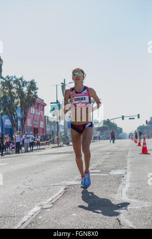 Kara Goucher running in the US Olympic marathon trials in Los Angeles California Feb 13th 2016 she finished 4th in 02:30:24 Stock Photo