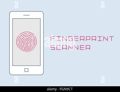 Fingerprint scanning on smartphone vector flat design thin line illustration. mobile phone finger  identification Stock Vector