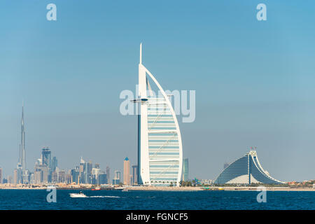 Skyline of Dubai waterfront with Burj al Arab Hotel in United Arab Emirates Stock Photo