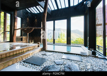 The private Japanese onsen baths at Manzansou Ryokan in Nagano, Japan Stock Photo