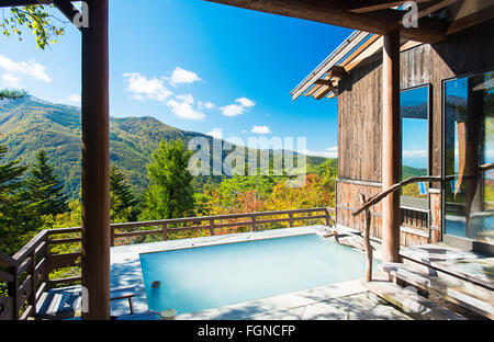 The private Japanese onsen baths at Manzansou Ryokan in Nagano, Japan Stock Photo