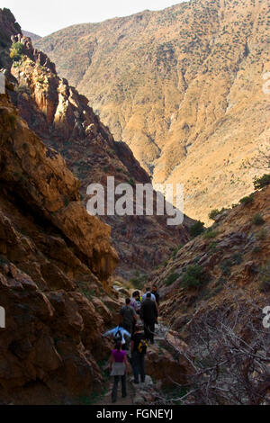 SETTI FATMA, MOROCCO - JAN 22:  Trekking in the Atlas mountains a sunny winter day to get the famous waterfalls, Morocco on Janu Stock Photo