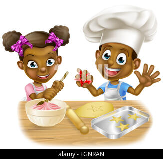 Cartoon boy and girl kids dressed as chefs baking cakes and cookies Stock Photo