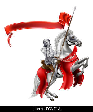 A medieval knight in shining armour on the back of a rearing white horse holding a red banner Stock Photo
