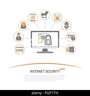 Internet Security Concept with Icon Set for Flyer, Poster, Web Site Like Hacker, Virus, Spam and Safe. Stock Vector