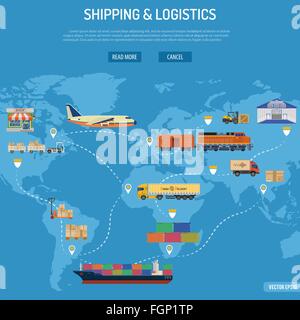 Shipping and Logistics Concept with Railway Freight, Air Cargo, Maritime Shipping and Trucking in Flat style icons. Vector for B Stock Vector
