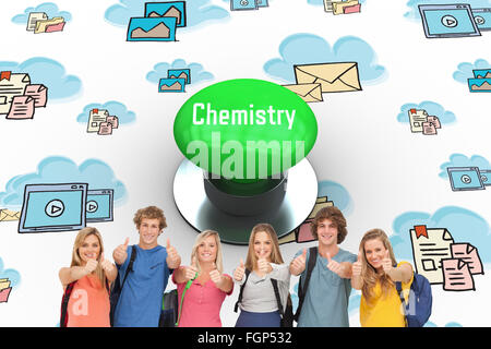 Chemistry against digitally generated green push button Stock Photo