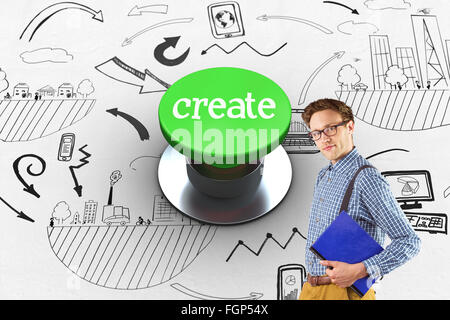 Create against digitally generated green push button Stock Photo